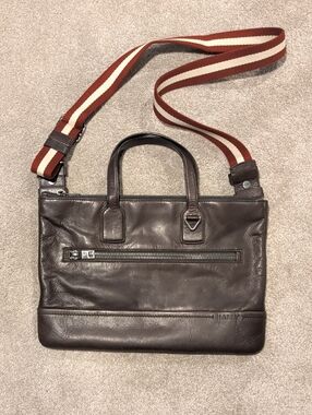 Bally Brown Leather Messenger Crossbody Bag Signature Stripe Strap